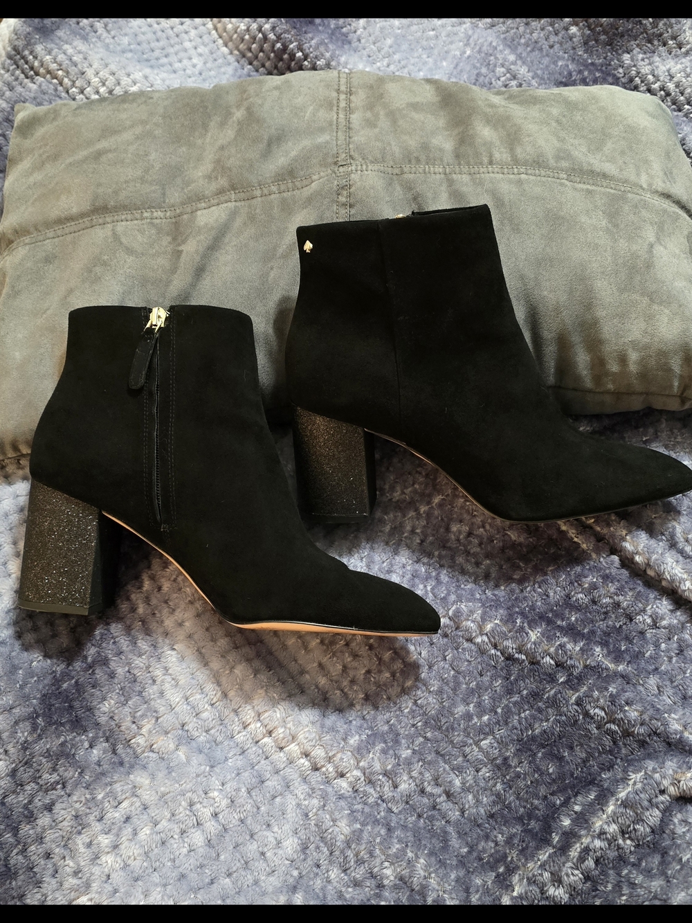 kate spade Black Suede Ankle Booties with Glitter Block Heel.